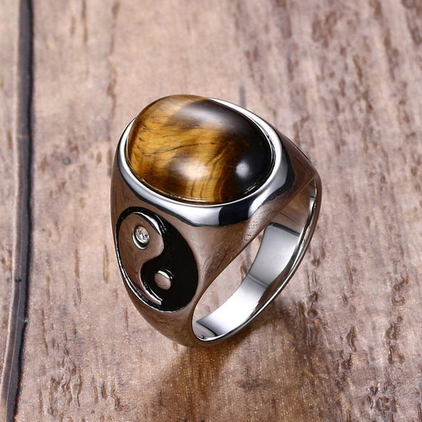 Tiger Eye Brown Stones with Yin Yang Symbol Ring in Stainless Steel