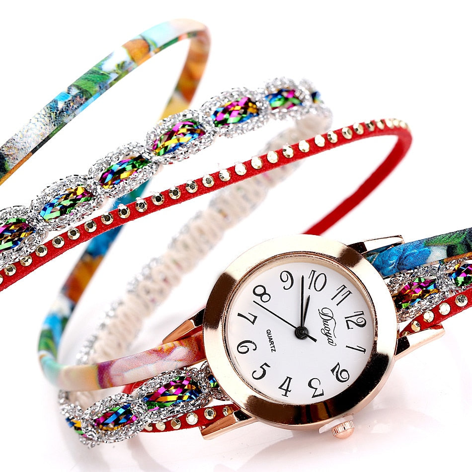 Flower Popular Quartz Diamond Leather Bracelet Watch For Female Ladies - MARJA MALL