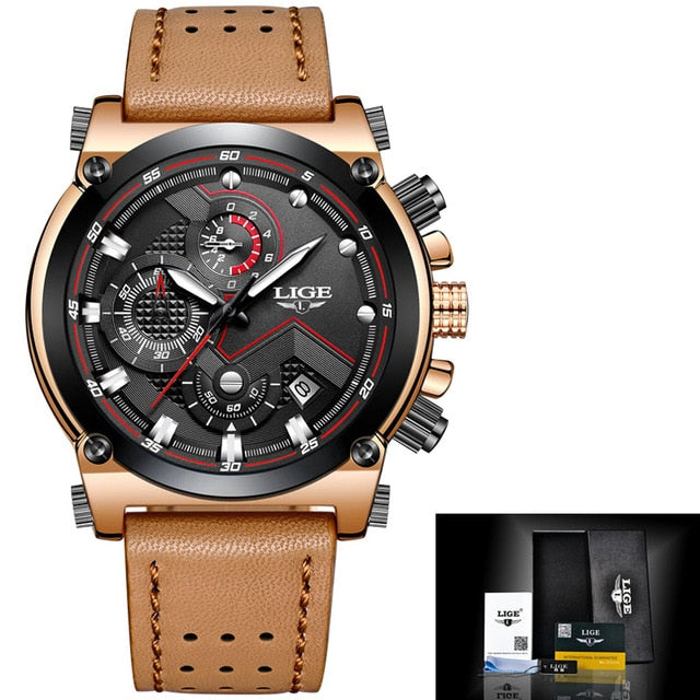 Luxury LIGE Watch Leather Quartz Watches For Mens