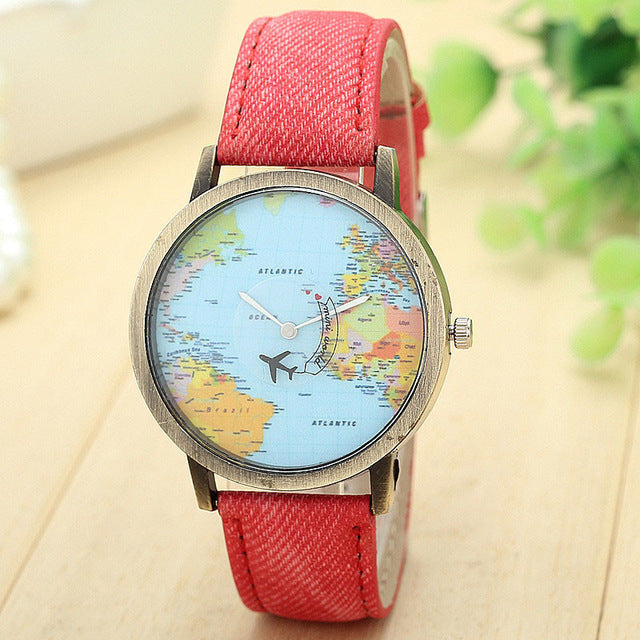 Mini  Map Airplane Travel Around The World Fashion Quartz Watch for Men