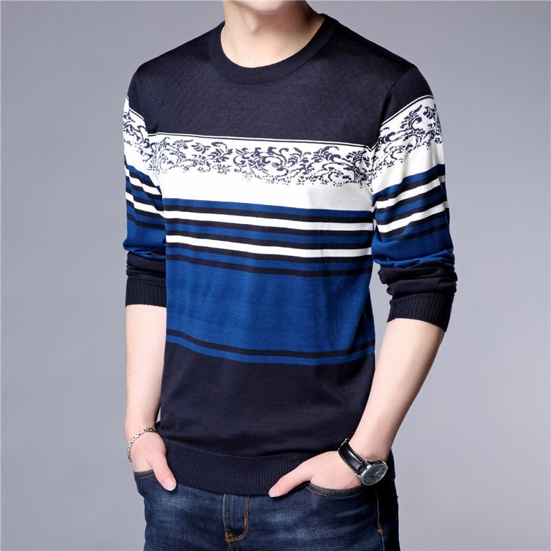 Men's Striped Print Casual O-Neck  Sweaters