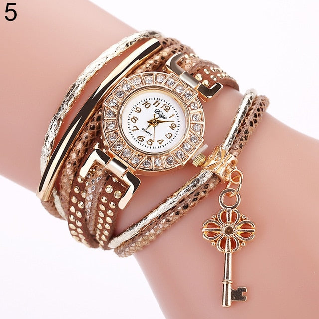 Key Pendant Multi-Layer Rivets Band Arabic Numerals Quartz Bracelet Wrist Watch - MARJA MALL