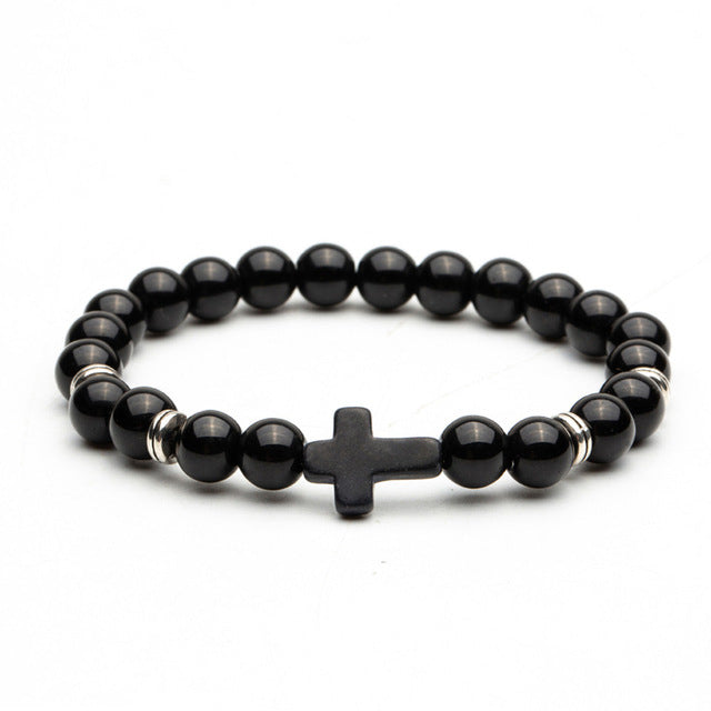 Black Nature Stone Lava Stone Bead Cross Charm Bracelets Bangles For Men